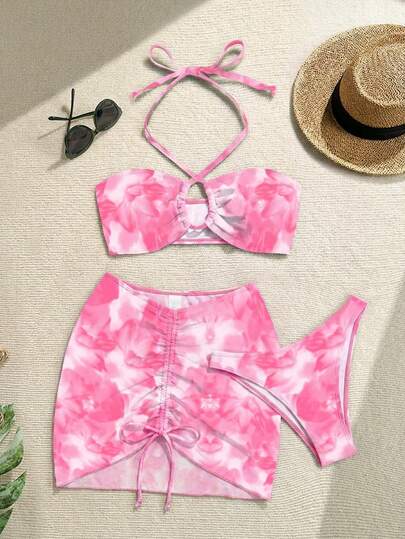 Soleia Women's Summer Beach Floral Print Halter Tie Fashionable Bikini Set With Matching Sarong Skirt