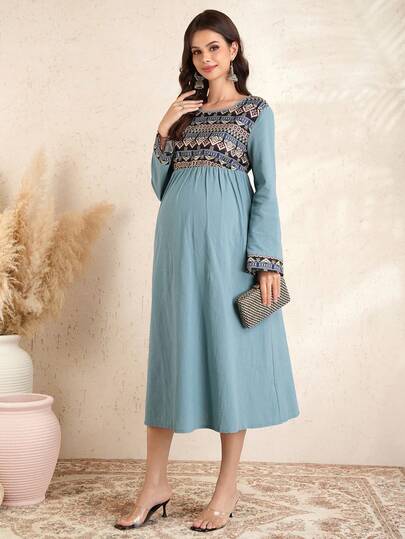 Momance 孕妇长袖圆领A字连衣裙，数码印花连衣裙