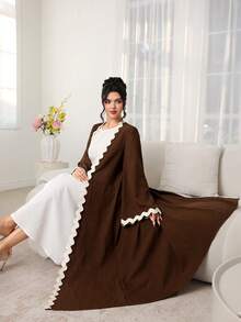 Al Najma Women's Brown Woven Long Sleeve Splice Apricot Ribbon Conservative Arabic Abaya, Spring/Summer - Brown - View 7