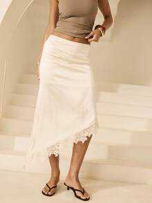 Aralina Women Summer Satin With Lace Trim Detail Asymetric Hem Slip Skirt Cute Valentines Day Party Holiday Vacation Outfit Y2K Stockholm Style - Cream - View 4