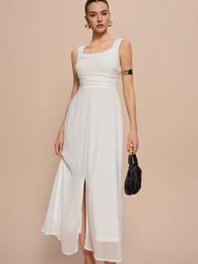 Chiquease Đầm xẻ tà không tay, màu trơn, thắt eo - trắng - Xem 4