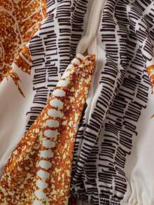 SHEIN CURVE+ 大码女式V领印花撞色优雅复古休闲度假蝴蝶结流苏系带衬衫 - 杏色 - 查看 5