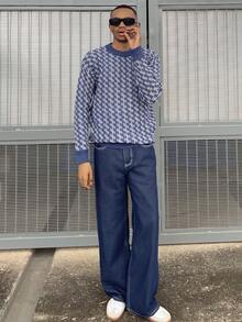 Ngobest Haus Ngobest Haus 男士休闲复古提花圆领轻薄针织衫，欧美亚洲风格，秋冬款 - 藏蓝色 - 查看 5