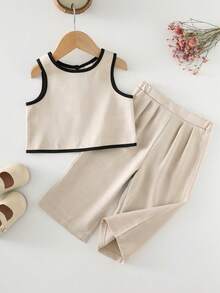 2pcs Baby Girl Knitted Solid Color Sleeveless Top And Leggings Set - Apricot - View 2