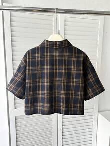 SHEIN 青少年女孩休閒基礎簡約學院風翻領梭織格紋寬鬆落肩短袖鈕扣襯衫 皇家藍 - 寶藍色 - 查看 2