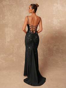 Lumalex Rhinestone Ombre Luxurious Mermaid Dress With Spaghetti Straps, Bodycon And Fishtail Hem For Women ,Summer Lace Up Black Club Sparkly Glitter Corset - Black - View 7