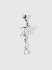 ROMWE Kawaii 5pcs Stainless Steel Bent Rod Belly Button Rings Set With Sparkly Rhinestone Butterfly Heart Flower Combination Shape Women Belly Chain Pendant Piercing Jewelry For Daily Wear Valentines - Silver - View 9