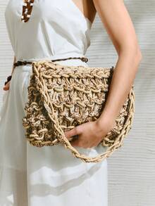 SHECARRY Ladies, Women Shoulder Bag, Hobo Bag, Fashionable, Elegant, Simple, Personalized, Versatile, Classic, Crochet Bag, Orange And Gold, Hollow, For Beach, Vacation, Holiday, Summer, Seaside - Khaki - View 7