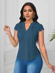 Lunelith SHEIN Lunessa Elegant Lace Patchwork Wave Striped Short Sleeve Women Blouse - Teal Blue - View 6