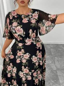 Modelyn Plus Size Women Elegant Round Neck Ruffle Flare Sleeve Fitted Flowy Chiffon Dress, Spring/Summer - Multicolor - View 6