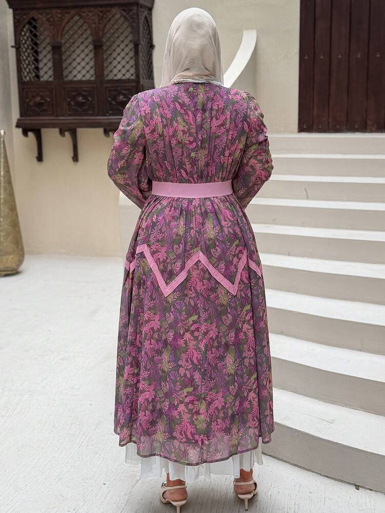 Dazy Plus Floral Print Color Block Waist Lantern Sleeve Chiffon Maxi Dress, Elegant Plus Size For Women, Spring/Summer Sundress