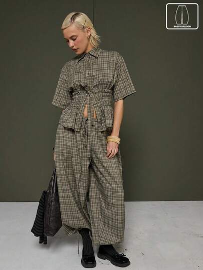 COUREZ Low Rise Baggy Balloon Trousers With Elasticated Waistband And Adjustable Hem Ties In Check /Y2K Spring Clothes For Women Going Out Outfits Summer Outfits For Women Streetwear Baggy Pants Pants For Women