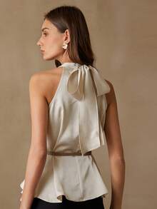 Aveloria EMERY ROSE Satin Textured Fabric, Waist Belt Decor, Elegant & Fashionable High-End Sleeveless Blouse For Women - Apricot - View 2