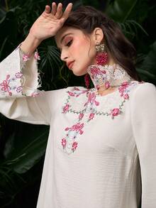 Al Najma Gaun Fashion Longgar Lengan Panjang Chiffon Putih Bordir Terbaru untuk Wanita - Putih - View 7