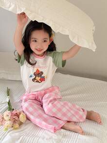 DAZY 2pcs/Set Girls (Small) Round Neck Knit Printed Short Sleeve T-Shirt & Plaid Long Pants Casual Outfit - Multicolor - View 1