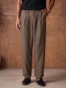 Business Casual AKNOTIC 男士人字纹斜插口袋休闲裤，适合圣诞派对、通勤、商务场合、送给男友的礼物、节日之选 - 棕色 - 查看 7