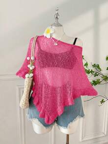 SHEIN EZwear 大码女式夏季外出及海滩度假荷叶边半透明钩针毛衣 - 玫紅色 - 查看 1