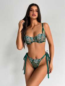 Aloruh 2pcs Sky Blue Embroidered Lace-Up Women's Lingerie Set - Dark Green - View 6