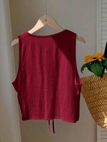 SHEIN Comfortcana Plus Size Casual Solid Color Sleeveless Shirt With Front Tie, Summer - Red - View 2
