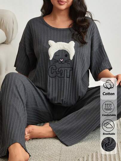 EURMUSE Women PLUS SIZE COTTON LETTER&CATembroidery Detail Rib Knit Short Sleeved Shirt&Pants Homewear Comfort Lounge Pajama Set For Ladies Curve Pajamas Set Ribbed Pajamas Plus Size Sleepwear Sleepwear Women 2 Piece Set Plus Size Pajamas Set