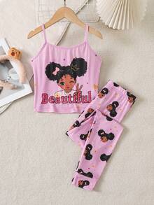 SHEIN Tween Girl Cartoon Print Snug Fit Short Sleeve & Long Pants Cute Casual Knit Pajama Set - Baby Pink - View 7