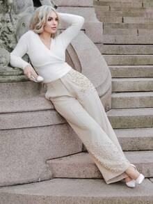 Elenary Edit Modern Fashion Pearl Embellished Pocketed Women's Elegant Press Crease Pants - Cream - View 6