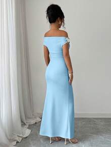 Rafferiza 优雅褶皱露肩金属点缀修身派对连衣裙（女款） - 藍色 - 查看 2