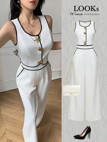 Celisse Women's Contrast Trim Round Neck Tank Top And Pants Elegant 2 Pieces Set - Beige - View 1