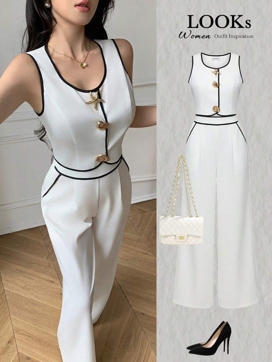 Celisse Women's Contrast Trim Round Neck Tank Top And Pants Elegant 2 Pieces Set - Beige - View 1