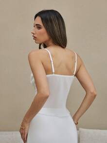 SHEIN 女士撞色蕾丝蝴蝶结装饰开衩性感吊带睡衣上衣 - 白色 - 查看 2