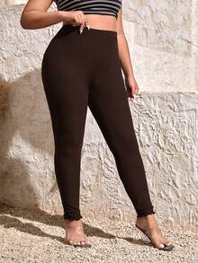 SHEIN Essnce 大码休闲百搭通勤高腰修身打底裤 - 棕色 - 查看 1