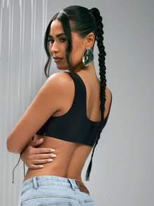 Denimoi 铆钉系带露脐仿皮胸衣上装，性感上衣，适合演唱会和夜店穿着 - 黑色 - 查看 4