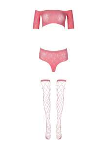 PetitDoll Women's Solid Color Shoulder Top, Triangle Panty And Fishnet Stockings Sexy Lingerie Set - Watermelon Pink - View 7