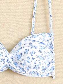 Swim Mod 1件装女士可爱碎花前扭结抹胸泳衣上装，夏季 - 藍白色 - 查看 5