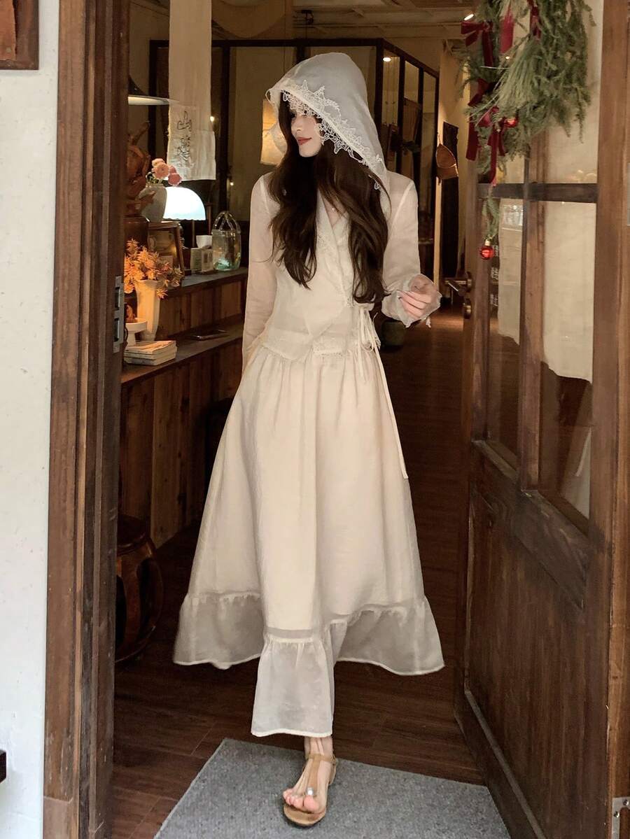 DAZY 女士法式蕾丝边饰薄纱雪纺上衣和半裙两件套 - 杏色 - 查看 1