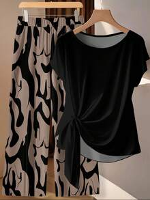 EMERY ROSE 女士圆领系带蝴蝶结衬衫和宽松直筒裤两件套 - 彩色 - 查看 2