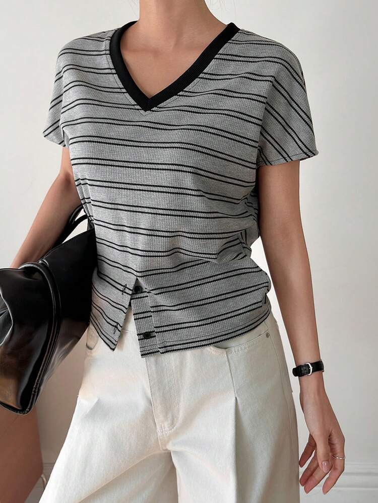 Women's Summer Short Sleeve Striped V-Neck Waist Cinched Casual Elegant T-Shirt