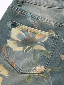 SHEIN MOD 女士碎花口袋做旧阔腿宽松休闲牛仔裤 - 深色水洗藍 - 查看 4