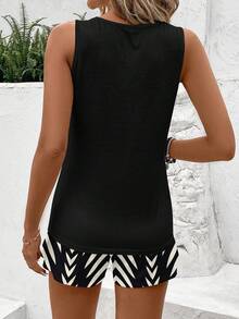 SHEIN LUNE Bộ 2 món nữ gồm áo ba lỗ cổ tròn và quần short kẻ sọc, trang phục thanh lịch phù hợp cho mùa hè, kỳ nghỉ, bãi biển, đám cưới, tiệc tùng, sinh nhật, lễ hội, phong cách sang trọng. - Nhiều màu - Xem 3