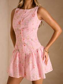 Enchnt 女士无袖收腰刺绣A字迷你连衣裙 - 粉色 - 查看 2