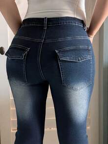 Dazy Plus Stretchy Skinny Sexy Distressed Flare Jeans, Versatile All-Season - Dark Wash - View 1