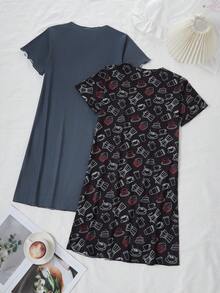 2pcs Girls Knit Printed Short Sleeve Nightgown Pajama Set, Spring/Summer - Multicolor - View 5