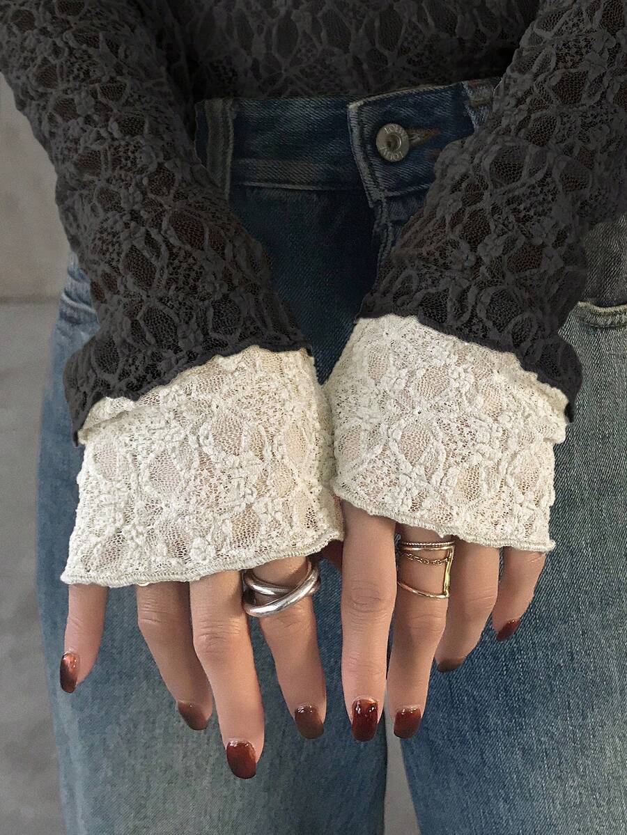 FRIFUL Áo nữ tay dài cổ tròn phối màu tương phản, chất liệu ren xuyên thấu, kiểu dáng thường ngày đa năng, thích hợp cho mùa thu/đông. - màu đen - Xem 1