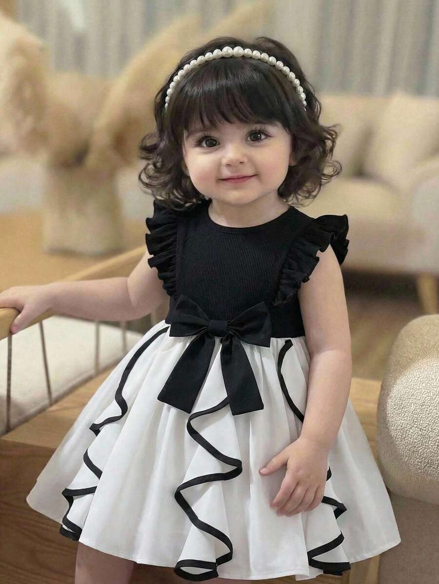 SHEIN Baby Girl Fashionable & Elegant Dress, Round Neck Ruffle Sleeve, Wavy Front Skirt, Charming Style, Suitable For Party, Casual, Gift, Spring/Summer - Multicolor - View 1