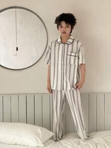 DAZY 男童落肩短袖纽扣条纹休闲宽松睡衣套装 - 白色 - 查看 6