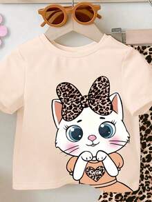一套女婴可爱猫咪豹纹爱心图案T恤和针织喇叭裤套装，豹纹T恤套装，卡通小猫印花服装，春夏款 - 彩色 - 查看 5