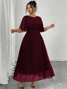 Modelyn Plus Size Women Elegant Round Neck Ruffle Flare Sleeve Fitted Flowy Maxi Chiffon Dress, Spring/Summer - Burgundy - View 4