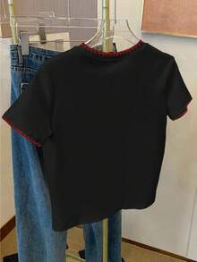 Resyla Kaos Lengan Pendek Wanita Kasual dengan Warna Kontras dan Bordir, Musim Panas - Hitam - View 2