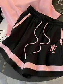 Resyla 女款時尚休閒黑白拼色 Logo Polo 領短袖上衣 + 休閒短褲套裝 - 粉色 - 查看 4