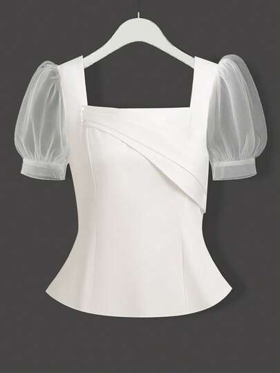 Franclia Women's Solid Color Square Neck Ruched Casual Versatile Daily Wear Petal Sleeve T-Shirt